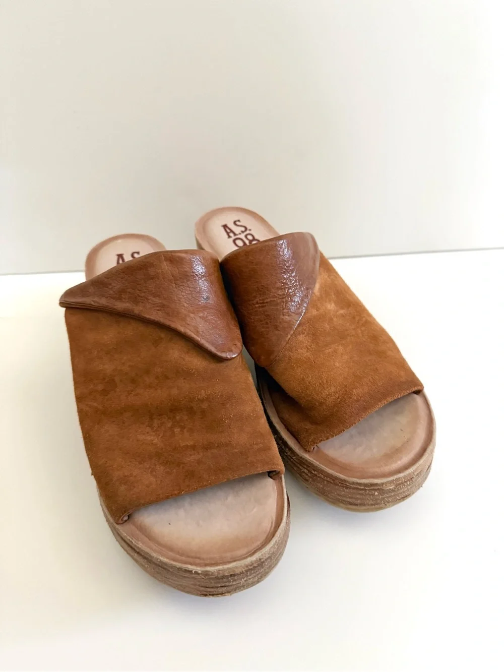 A.S.98 Niels Slide Sandal Wedges Leather Distressed Open Toe Clog Size 7.5